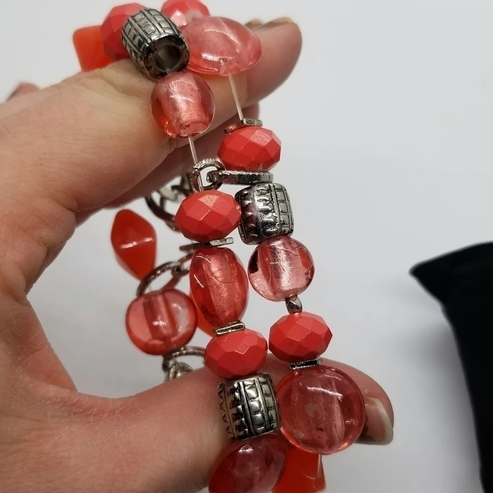silver and pink beaded stretch 2-strand bracelet